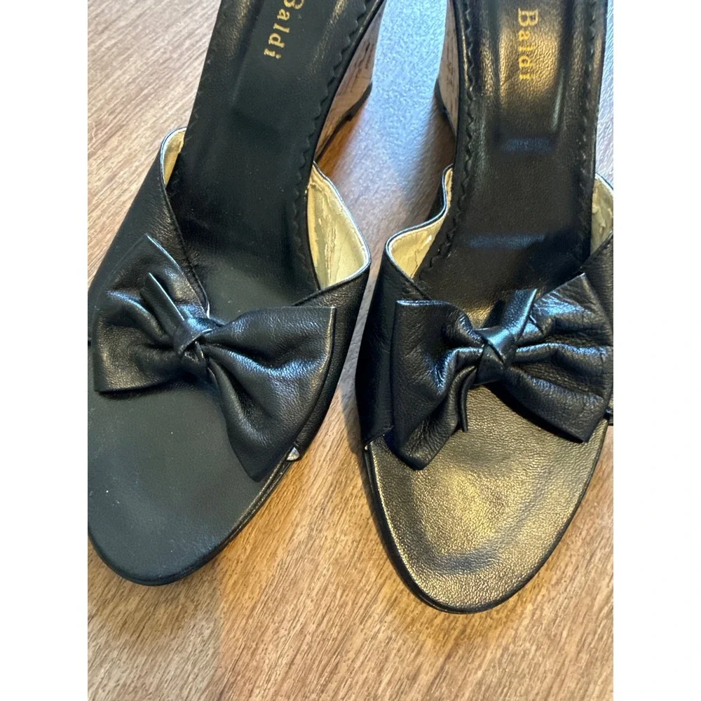 Massimo Baldi Black Leather Bow‎ Cork Wedge Sandals Made in Italy Womens Size 9